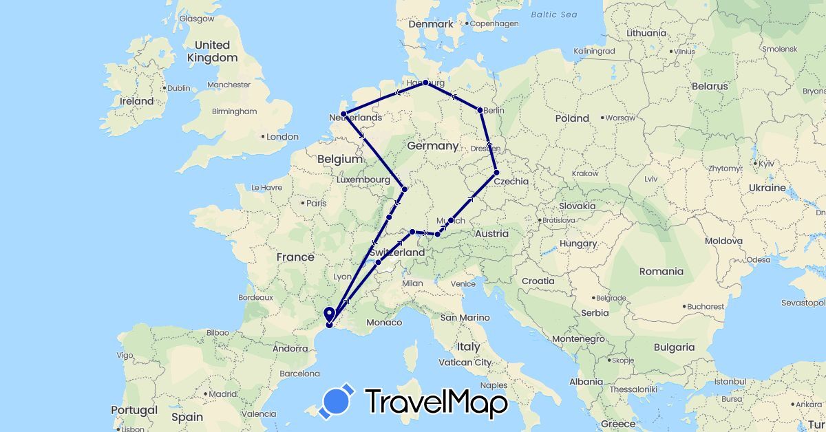 TravelMap itinerary: driving in Switzerland, Czech Republic, Germany, France, Netherlands (Europe)